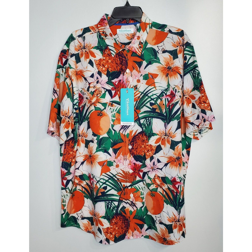 Caribbean Shirt SZ XL Orange Floral Stretch Moisture Wicking Roundtree & Yorke